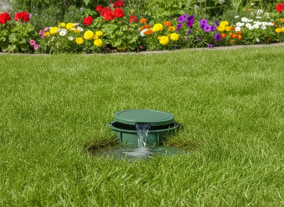 Pop-up drain emitter in a lawn