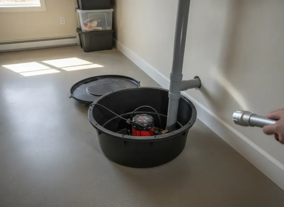 Sump pump basin and discharge pipe